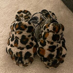 UGG Leopard-Print Plush Slide Sandals in Black, Brown, Cream
